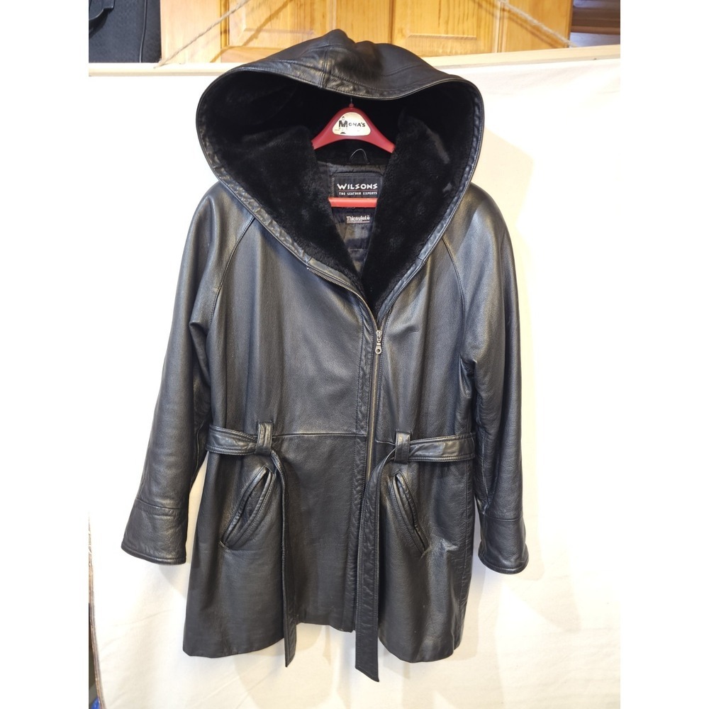Wilson Women's Leather Size Large 44x34 Jacket Coat Faux‎ Fur Hood
